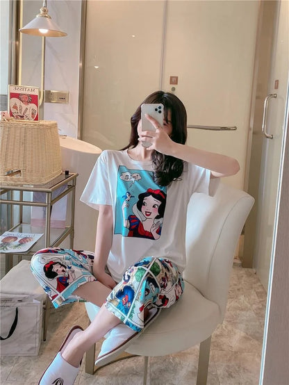 Sommer Pooh Bär Nachtwäsche frauen Lose Bequeme Cartoon Print Hause Kleidung Set Kurzarm Nachthemd Mickey Pyjama Set