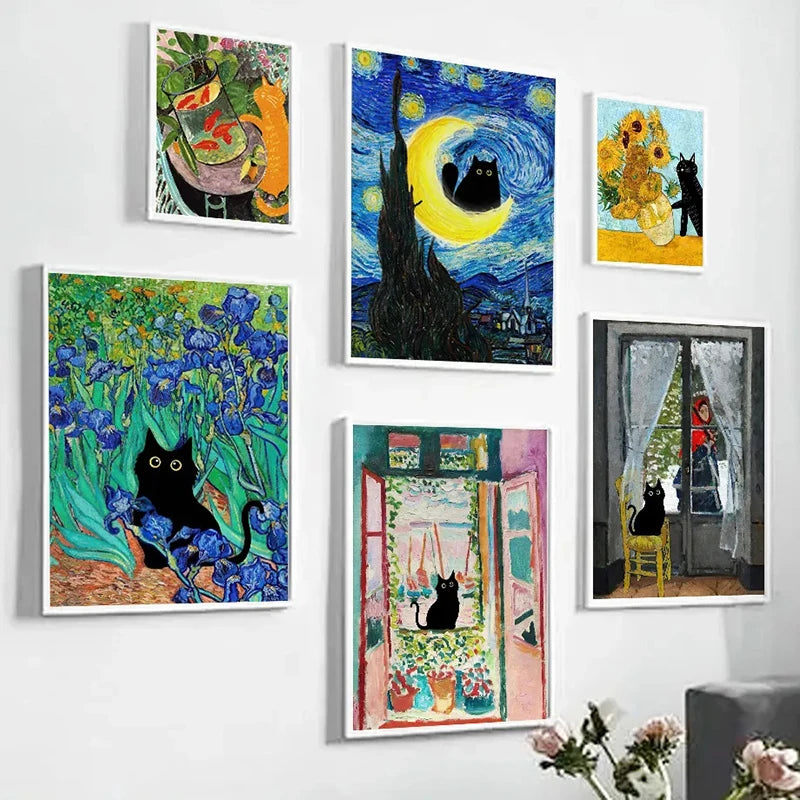 Funny Art Matisse Monet Black Cat Van Gogh Sunflowers Canvas Painting Posters and Prints Wall Pictures for Living Room Decor.