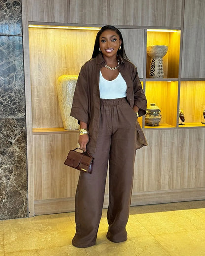 Cotton Linen Set Women Spring Summer Loose Oversize Long Sleeve Shirt Long Pants 2 Piece Sets Casual Office Ladies Trousers Suit.