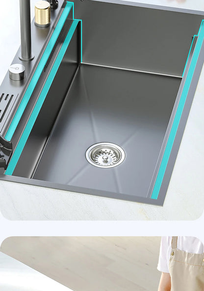 Wasserfall-Küchenspüle aus Edelstahl, extra groß, mit einem Schlitz, multifunktionale Geschirrspülbecken, Unterbaubecken, Tassenwascher