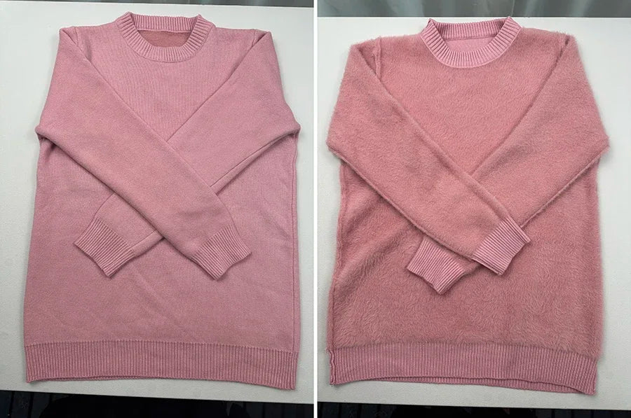 Rosa Pullover Frauen Winter Dicke Warme Stricken Pullover Schlank Plüsch Samt Gefüttert Strickwaren Jumper Langarm Tops Oansatz Poleras Mujer.