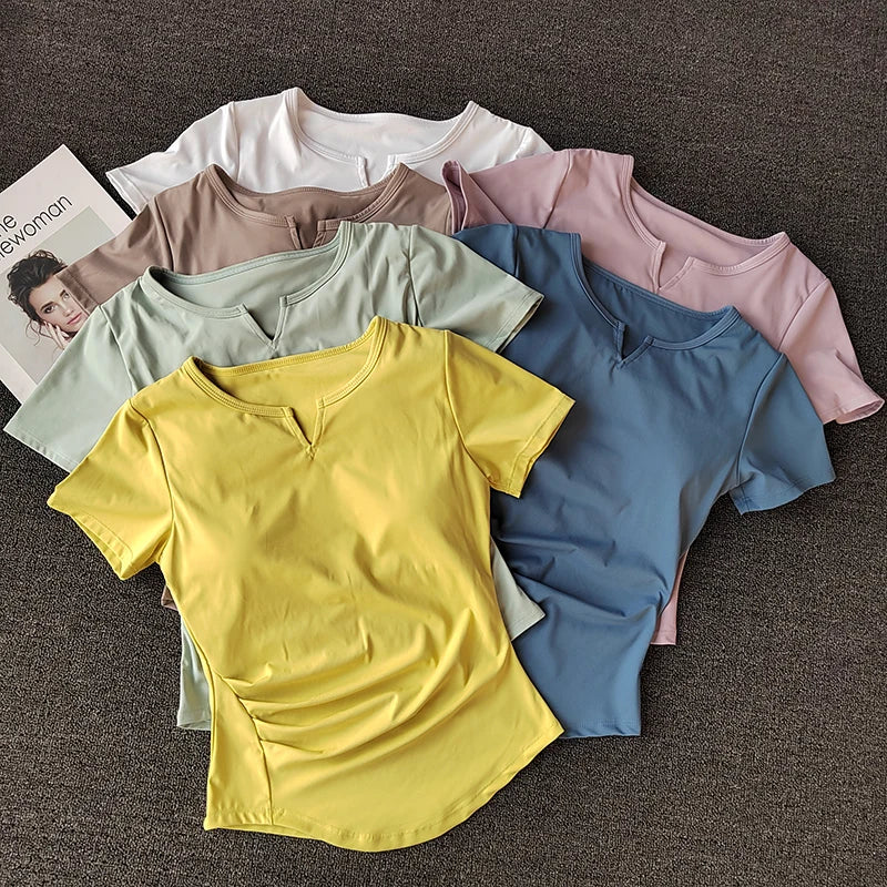 Women's  Sports Shirts Yoga Short-sleeved T-shirt Padded Tight Training T-Shirt Breathable Quick-dry Running T-Shirt Fitness Top.