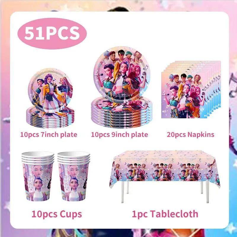 Kpop Demon Hunter Geburtstag Party Dekoration Geschirr Thema für Mädchen Event liefert Kuchen Topper Candy Box Teller Tassen Servietten