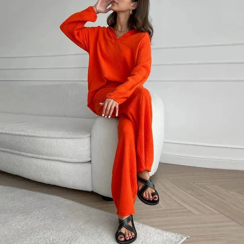 Women's Suit Solid Color Casual Loose 2025 Elegant Spring And Summer Fashion New Long-sleeved Lapel Top + Drawstring Pants Suit.