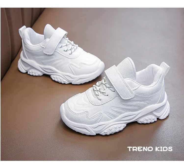 Children White Running Shoes Kids Fashion Sneakers PU Soft Breatheable Comfortable Boys Girls School Sports Shoes Size 26-37.