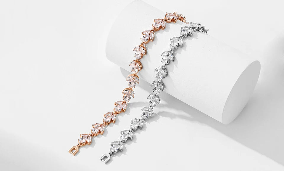 ZAKOL Luxury AAA Cubic Zirconia Wedding Bracelets for Women High Quality White Gold Color Leaf Charm Bracelet Bangles.