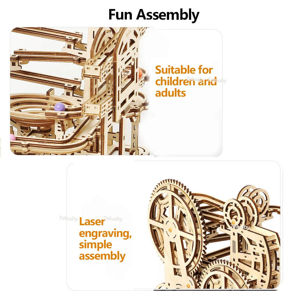 3d Wooden Puzzle Marble Runs Mechanical Puzzles Self Assembly Toy STEAM Educational Toys Model Building Kits for Kids Adult Gift.