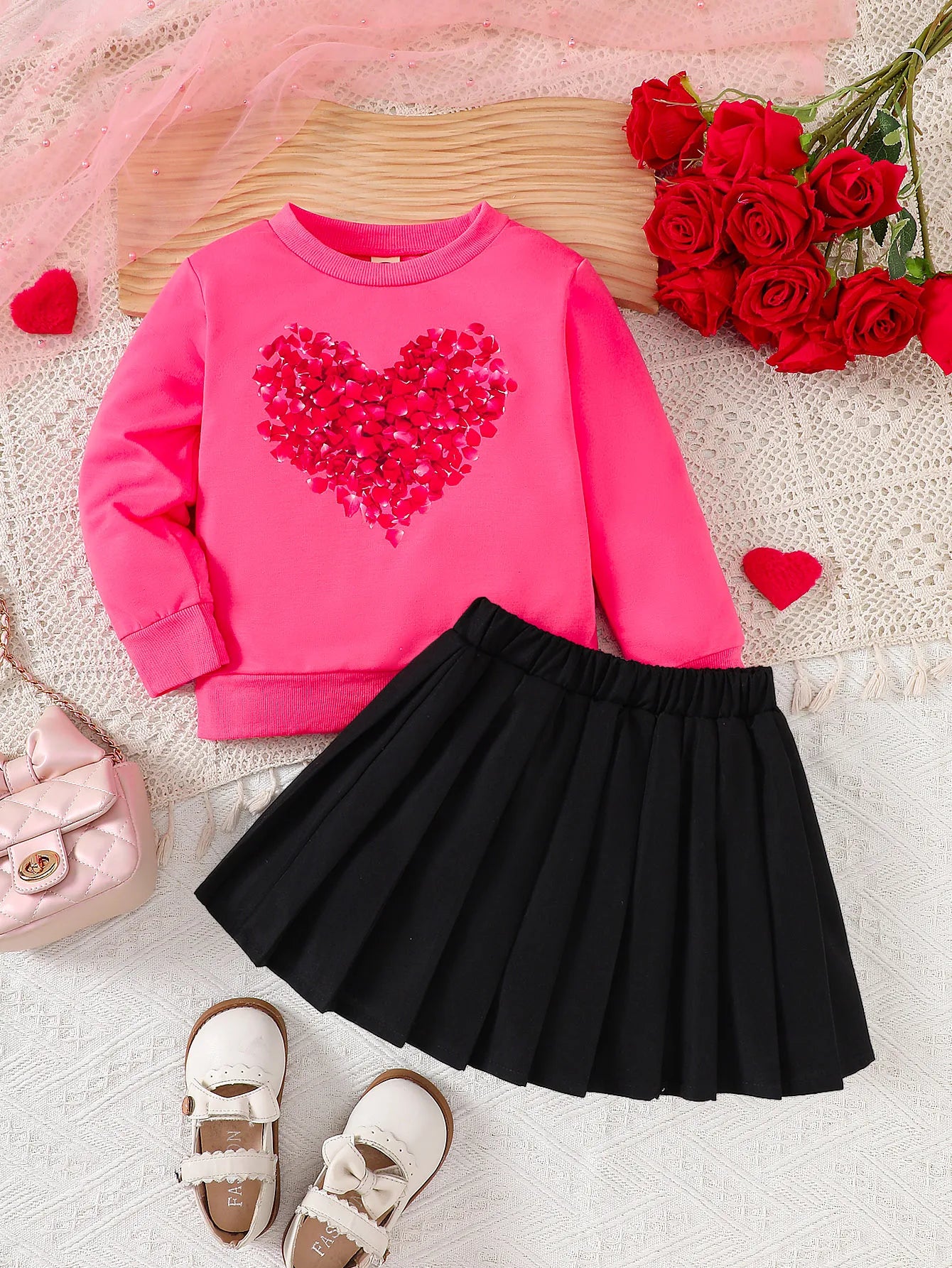 Spring 3-10y Kids Girls Clothes Heart Printing Tops Pleated Skirt 2pcs Sets Children's Outdoor Daily Wear Valentine's Day Gift.