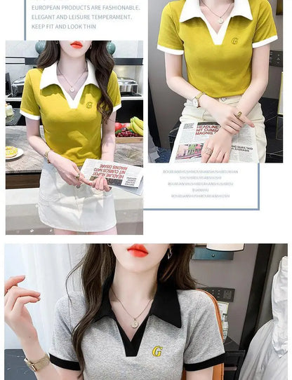 Women's Polo Shirts Slim Female Tee Plain Graphic T-shirts Embroidery Polyester Y2k Fashion Aesthetic Basic Synthetic Luxury New.