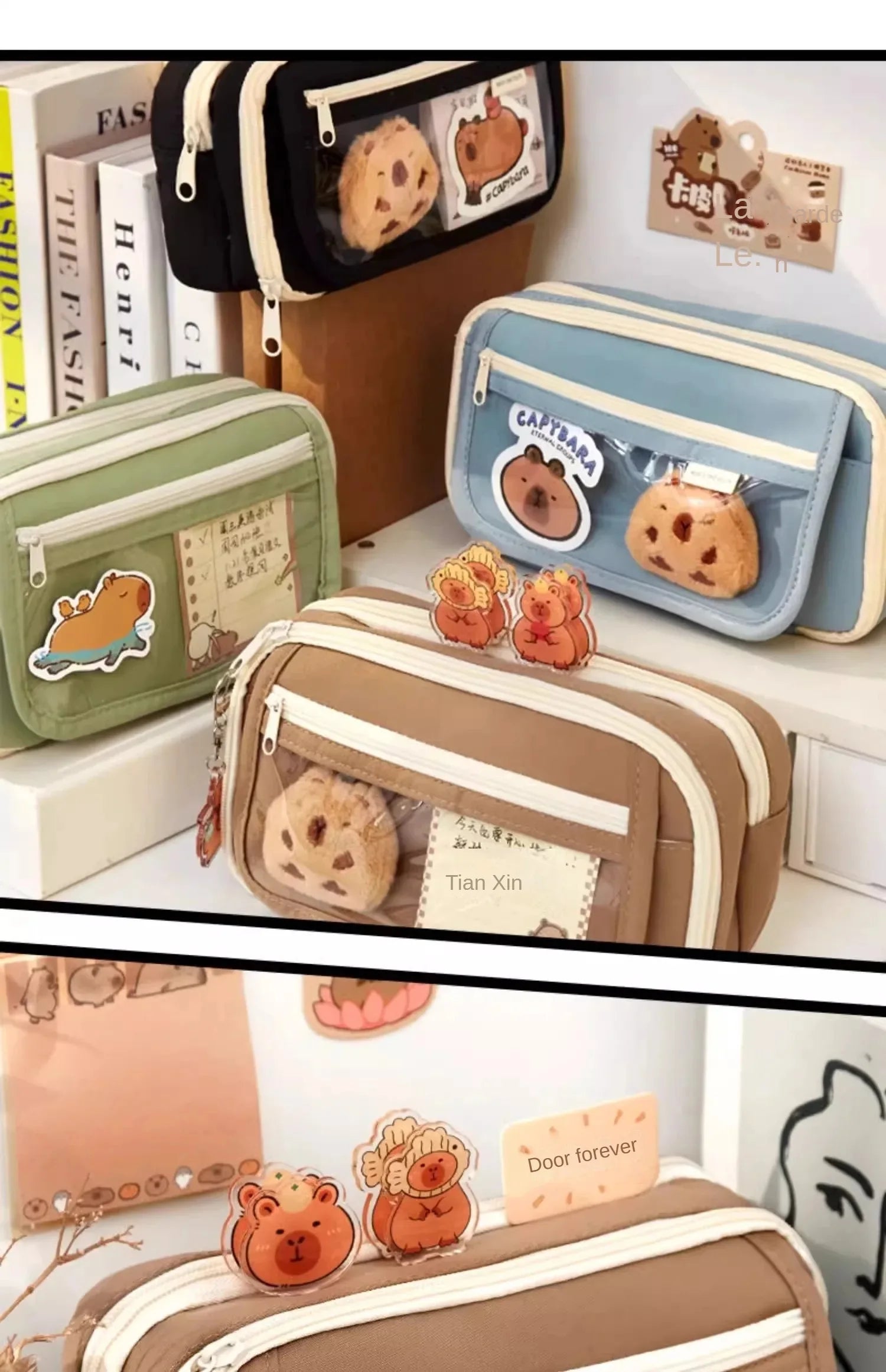 Große Kapazität Bleistift Tasche Capybara Cartoon Leinwand Schreibwaren Halter Tasche Mit Broschen Aufkleber Clips Schlüsselanhänger Kinder Stift Fall.