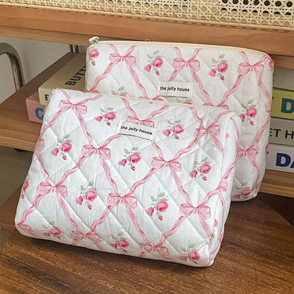 Cute Bow Flower Quilting Makeup Bag Women Zipper Cosmetic Organizer Female Cloth Handbag Portable Toiletry Case For Girls