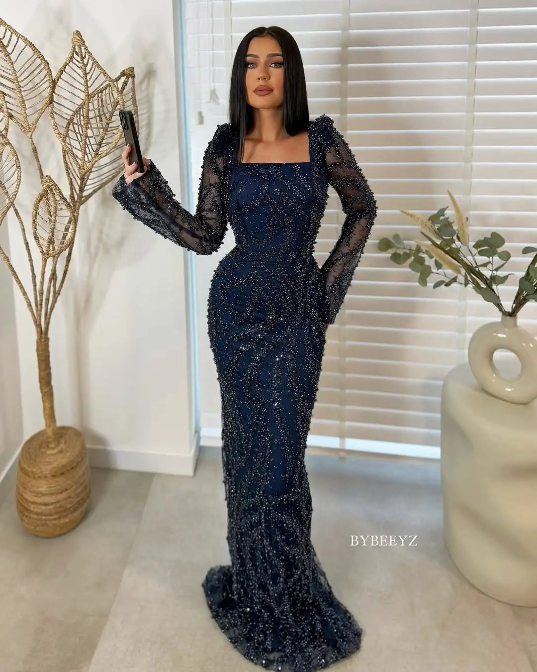 BABYONLINE Maßgeschneidertes Abendkleid All CoPearl Sleeve Full Crystals Etuikleid Abiye