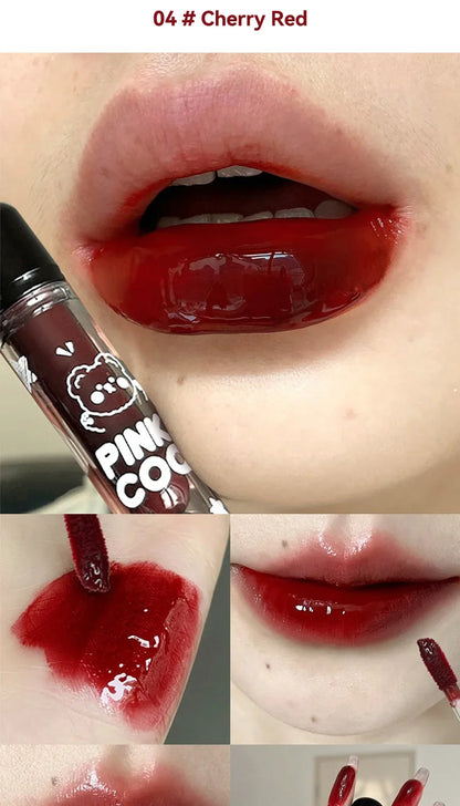 PINKCOCO Bear Doodle Mirror Lip Glaze — Long-Lasting Shiny Lip Gloss, Student-Friendly, Skin-Brightening Nude Lipstick.