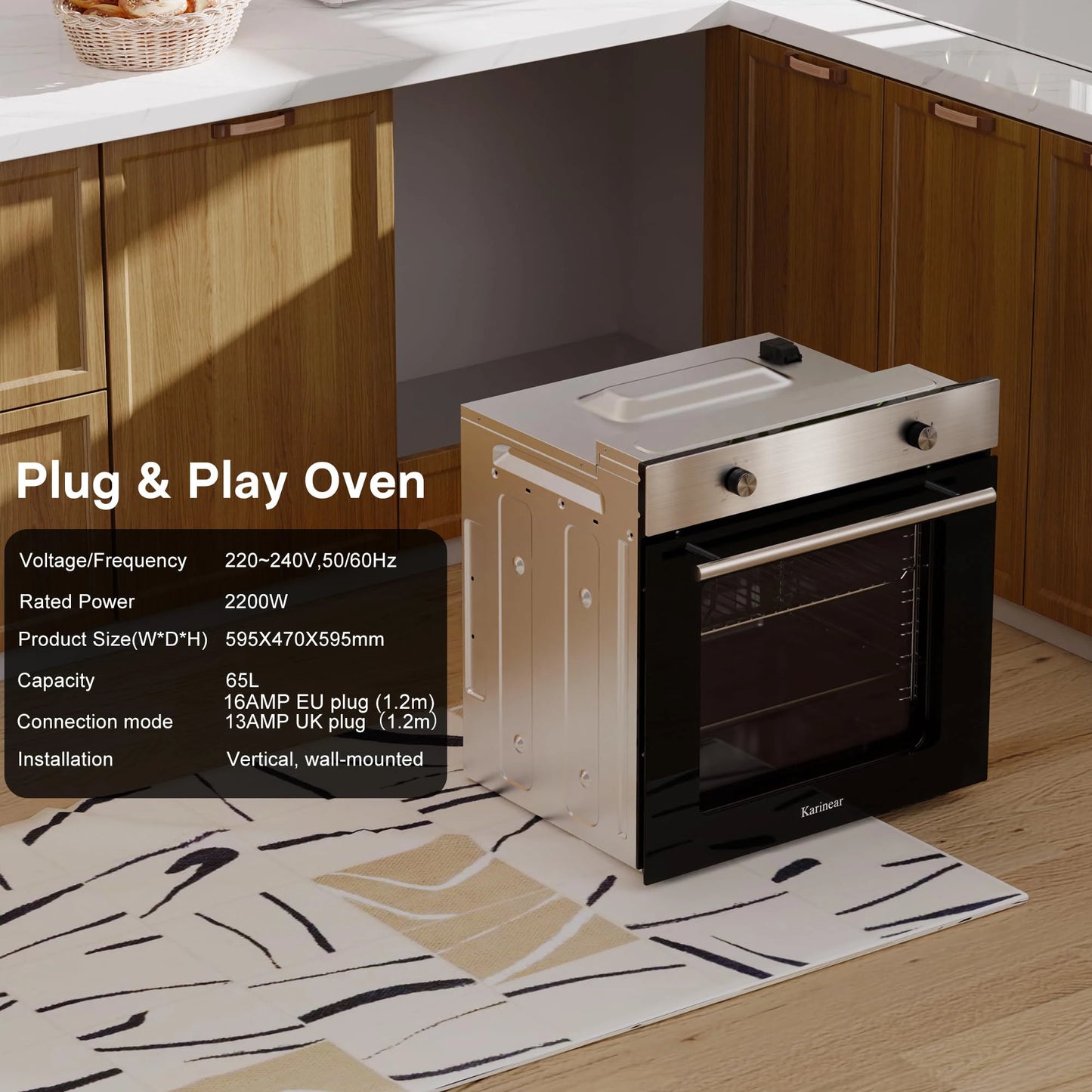 Karinear Electric Oven 65L Oven Built in Oven with accessories, Knob Control wtih 4 Functions 2200W Plug and Play 220V 60cm Wide.