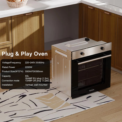 Karinear Electric Oven 65L Oven Built in Oven with accessories, Knob Control wtih 4 Functions 2200W Plug and Play 220V 60cm Wide.