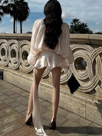 GALCAUR Solide Lose Splicd Lace Up Kleider Für Frauen V-ausschnitt Mit Langen Ärmeln Patchwork Rüschen Tunika Kleider Weibliche Mode Neue.