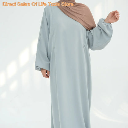 Women Dress Soft Nida Nursing Mother Abaya with Side Zip Front Islamic Clothing Puff Sleeves Breastfeeding Abaya Modest Dresses.