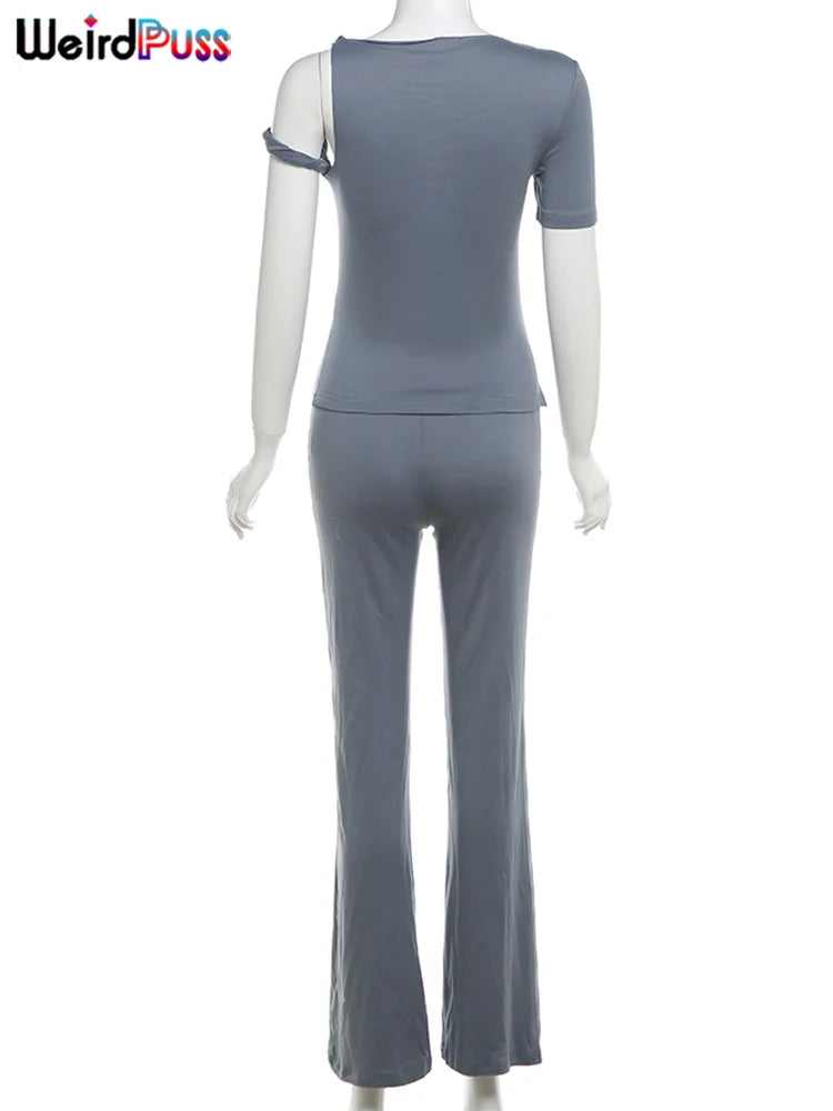 Weird Puss Irregular Knot Women 2 Piece Sets Stretch Casual Short Sleeve Tank Tops+Flare Pants Matching Outfits Slim Streetwear.