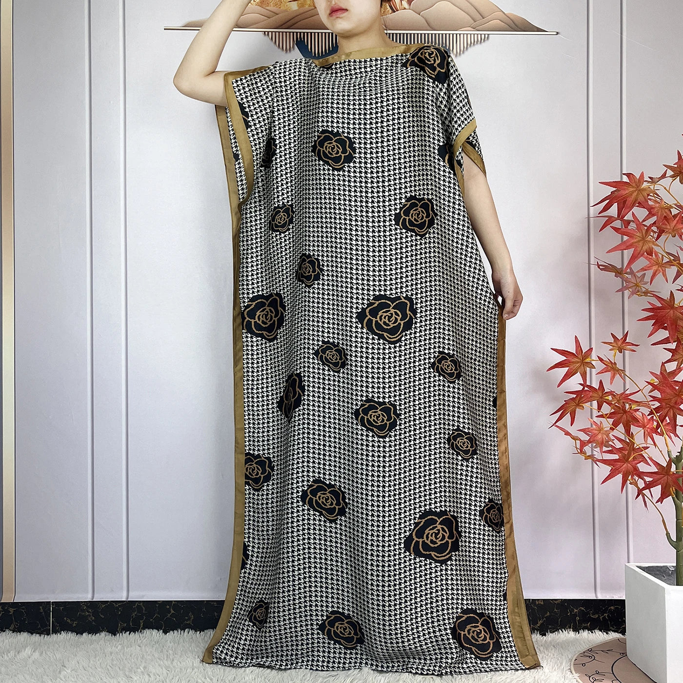 2024 New Dubai Summer Fashion For Women Printed Silk Soft Loose Femme Robe African Islam Maxi Woman Casual Dresses With Turban