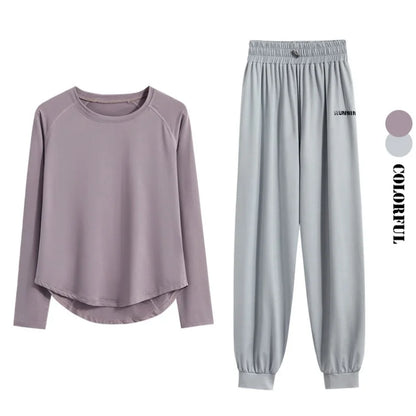 DRUR 2pcs Running Set Women Tracksuit Lightweight Loose Long Sleeve Sport Shirt Pants Sets 2 Piece Sportswear Outfit Gym Clothes