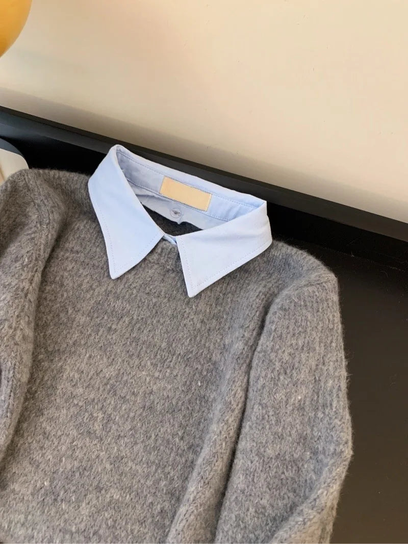 Gefälschte Zwei Shirts Kragen Pullover frauen Herbst Outfit Neue Lazy Linterior Kontrast Farbe Grau Stricken Pullover Top Mit Flip kragen.