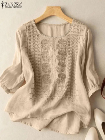 ZANZEA Elegant Women Embroidered Blouses Autumn 2024 3/4 Puff Sleeve Transparent Blusas Mujer Casual Vintage Cotton Shirts Tops.