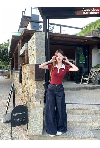 Women's Slim Fit Short Sleeve Polo Shirt Summer New Color Collision Design Red T-Shirt Top Fashionable Casual Business Wear