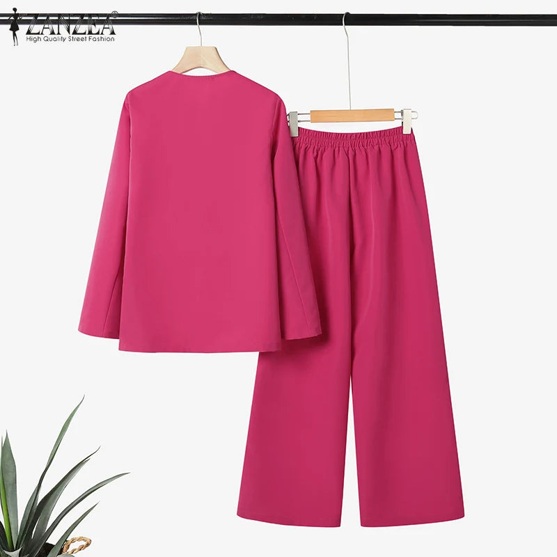 ZANZEA Autumn Fashion 2 Pieces Sets Women V-Neck Long Sleeve Blazer & Wide Leg Pants 2pcs Suits Office Commuting Solid Pant Sets.