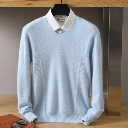 Men's 100% Pure Mink Cashmere Sweater V-Neck Pullovers Knit Large Size Mink Sweater Winter New Tops Long Sleeve High-End Jumpers