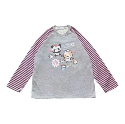 Japan Kawaii Sweet Women T-Shirt O-Neck Stripe Patchwork Long Sleeve Cartoon Print Loose Pullover Casual Cute Top Youth Vitality.