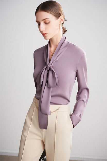 Silk Shirt Women's Thick Temperament Streamer 2025 Spring and Summer New Mulberry Silk Lace-up Design Shirt Long-sleeved Top