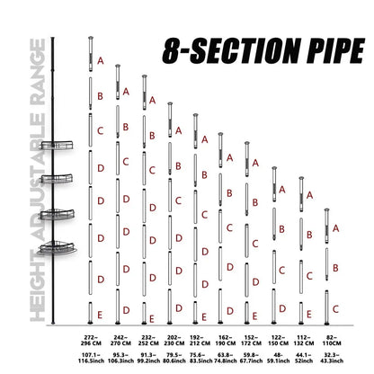 4-stufiges verstellbares Eck-Duschregal (82–296 cm) – kein Bohren, Spannstange, dreieckiger Organizer für Badezimmer, Küche, Aufbewahrung mit Haken