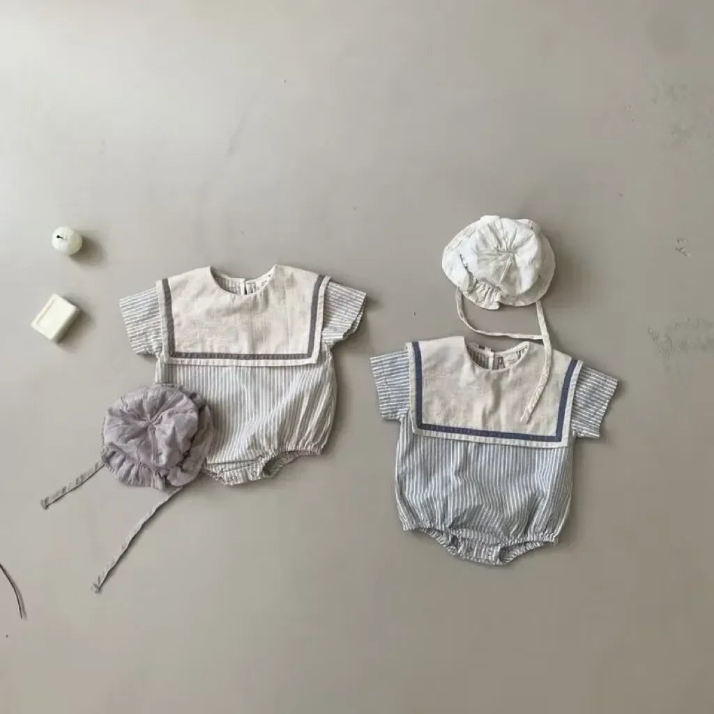 6754 koreanische Neugeborenen Kleidung Sommer neue Marine Revers vertikale Streifen Jungen einteilige Kleidung lässige Mädchen Kletter kleidung.