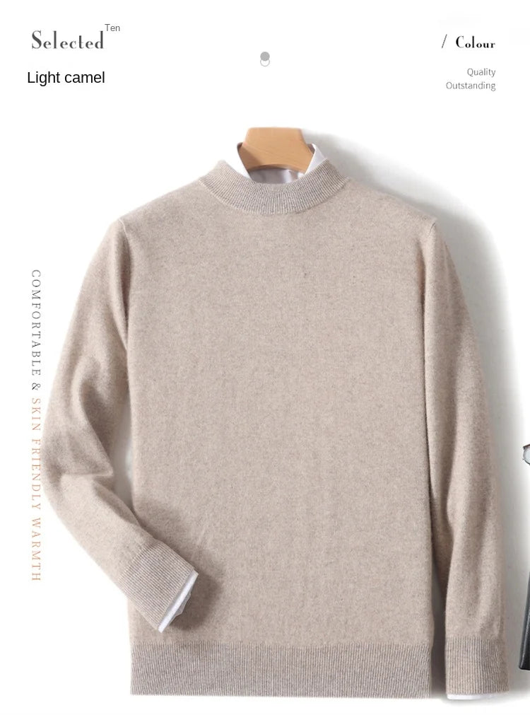 100% Pure Merino Wool Men's Semi High Neck Pullover Solid Color Plus Size Casual Sweater Autumn And Winter Sports Cashmere Top