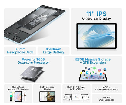 DOOGEE U11 Android 15 Tablet 11 Ultra-clear 90Hz Display 4GB RAM 128GB ROM 8580mAh Battery Dual Speaker Supports Widevine L1.