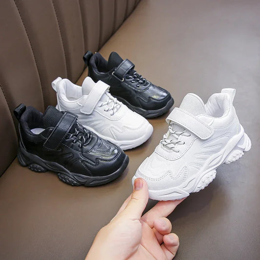 Children White Running Shoes Kids Fashion Sneakers PU Soft Breatheable Comfortable Boys Girls School Sports Shoes Size 26-37.