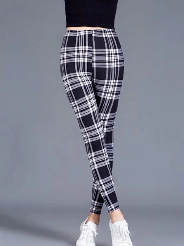 CUHAKCI Mode Plaid Druck Leggings Frauen Sexy Fitness Leggins Grid Floral Streifen Hosen Hohe Taille Bleistift Hosen.