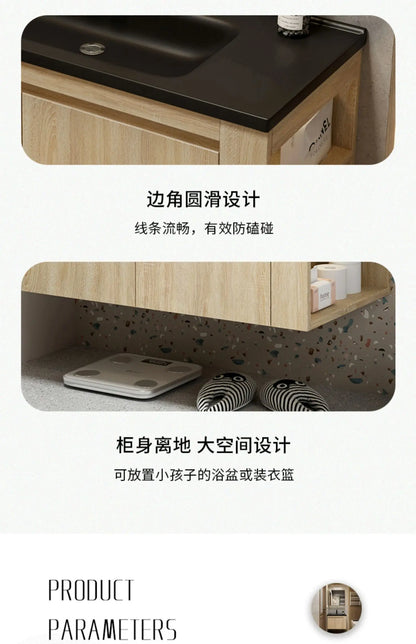 Leichter Luxus-Badezimmerschrank-Kombination, Badezimmer-Waschbecken, Gesichtswaschbecken, Toilettenholz, Waschbecken aus Keramik, integriertes Waschbecken im japanischen Stil