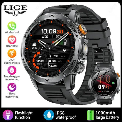 LIGE 2025 New 1000mah Smart Watch Men AMOLED HD Display Sport Fitness LED Flashlight Bluetooth Call Smartwatch For HUAWEI XIAOMI