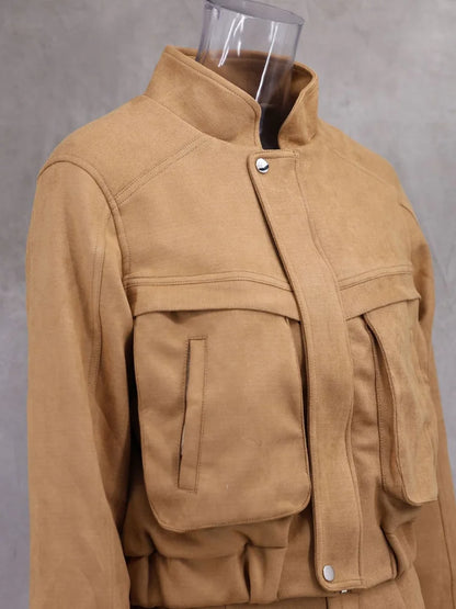 Retro-Jacke, modisch, Frühling und Herbst, lässig, lockere Tasche, langärmelig, trendig, cool, vielseitig, hochwertige Damen-Kurzjacke.