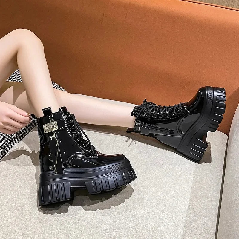 Women's High Platform Motorcycles Boots Winter 10CM Wedge Heels Warm Ankle Boots Chunky Sneakers New Autumn Leather Shoes Woman.