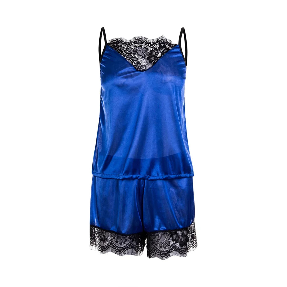 2 Stück sexy Pyjama Set Frauen sexy Spitze Patchwork Satin Seide Spaghetti träger Top heiße Shorts Pyjama Frauen Nachtwäsche Femme Pyjamas