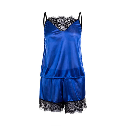 2 Stück sexy Pyjama Set Frauen sexy Spitze Patchwork Satin Seide Spaghetti träger Top heiße Shorts Pyjama Frauen Nachtwäsche Femme Pyjamas