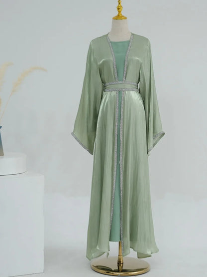 Muslim Abaya for Women Eid Dress 2 Piece Set Diamond Morocco Ramadan Lace-up Abayas Kaftan Islam Cardigan Dubai Arab Long Robe