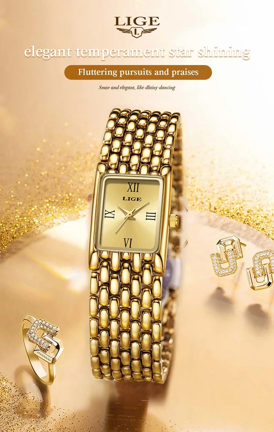 LIGE Silver Watch for Women Square Ladies Quartz Wristwatches Stainless Steel Women Small Gold Watch Luxury Casual Fashion Watch.