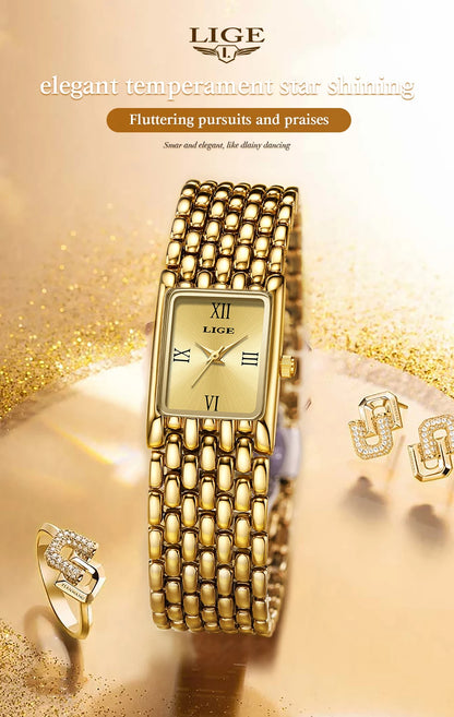 LIGE Silver Watch for Women Square Ladies Quartz Wristwatches Stainless Steel Women Small Gold Watch Luxury Casual Fashion Watch.