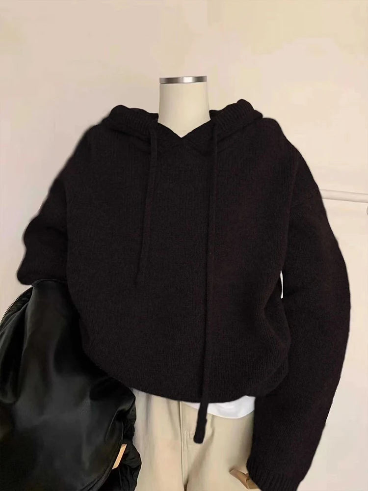 Autumn Knitted Hoodie for Women Korean Loose Thick Warm Casual Sweatshirt Bf Solid Simple Basic All Match Pullover Sweater New.
