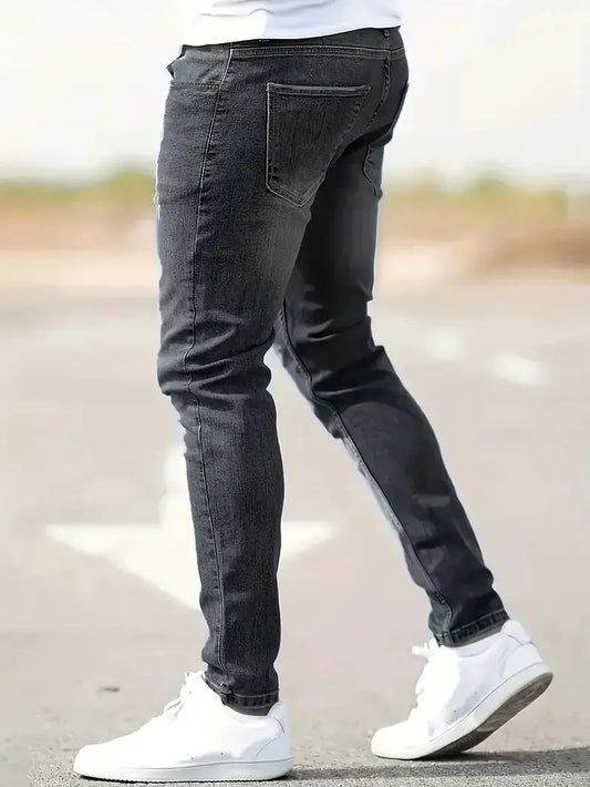 New men's jeans elastic slim fit pants street wear classic ripped cat whiskers casual jeans tight zipper denim clothing black bl.