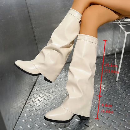 Fashion Wide Leg Knee High Boots Women Autumn Winter Slip On High Heels Pants Boots Woman Pu Leather Long Botas Plus Size 36-43