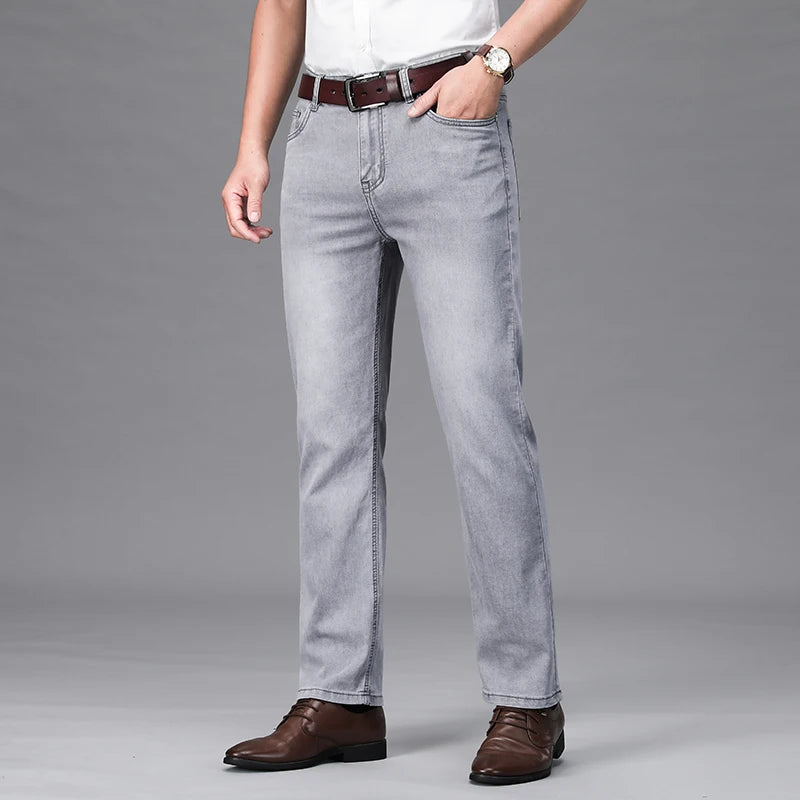 Brand Men's Fashion Summer Thin Jeans Comfortable Stretch Cotton Business Straight Casual Denim Pants Light Gray Blue Pants.